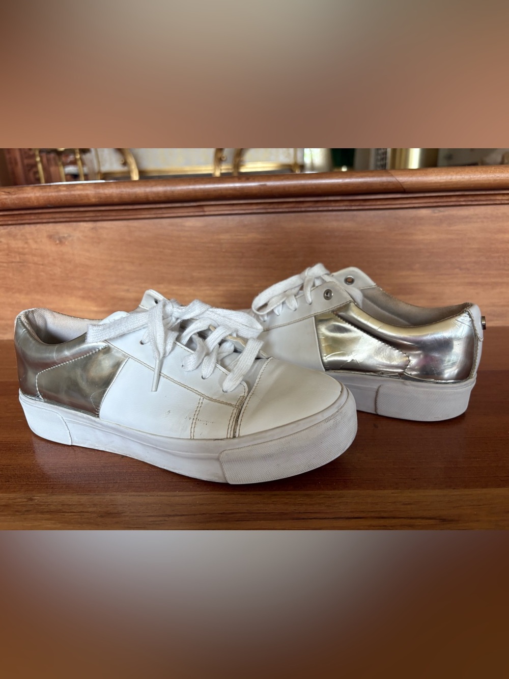 Marc Fisher White and Silver Low-Top Sneakers